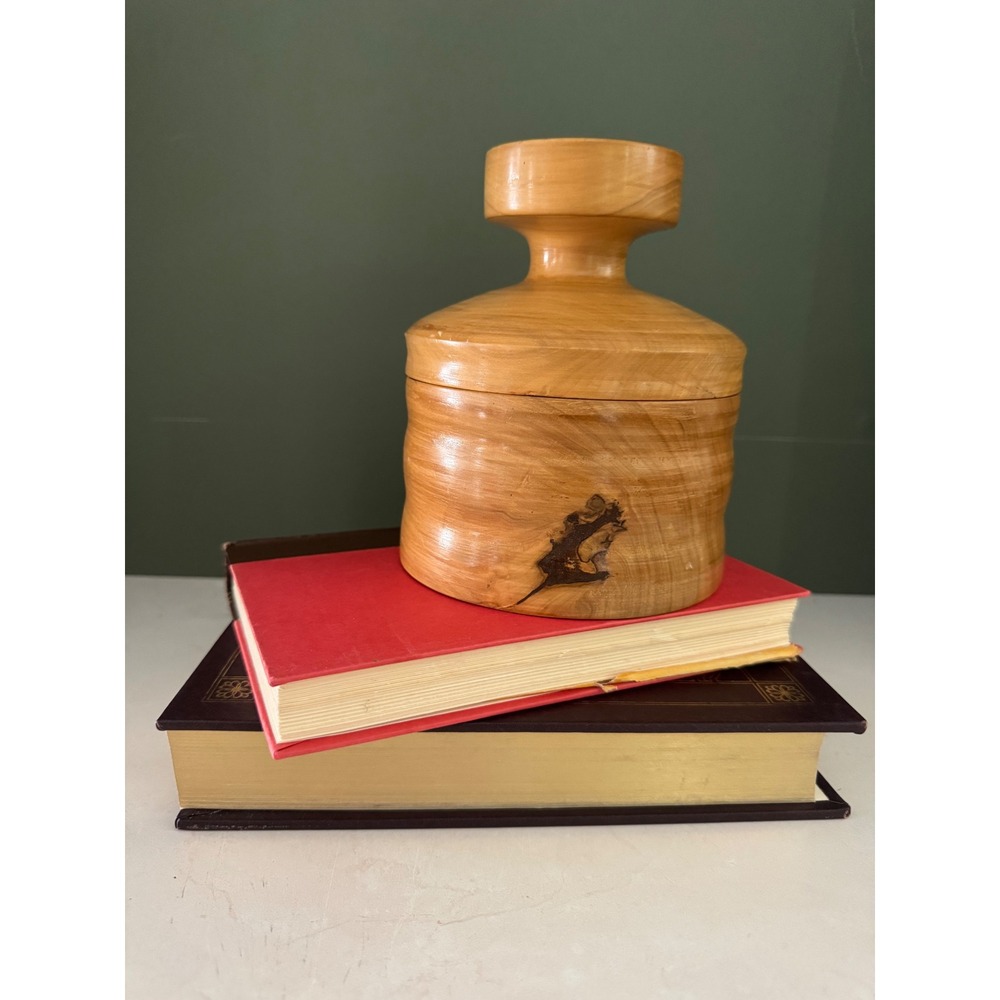 Vintage Hand Turned Wood Lidded Jar Canister Knot Detail Personalized 1965